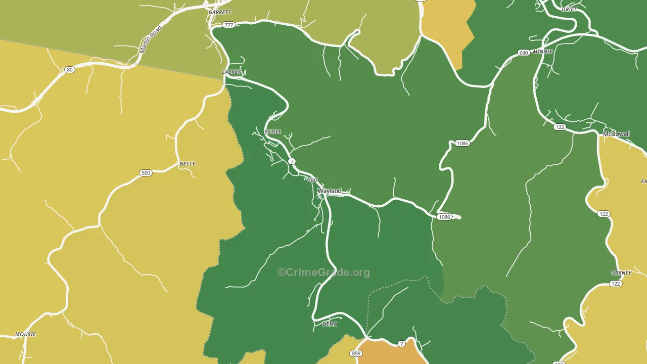 Wayland, KY Map of Vehicle Theft Rates