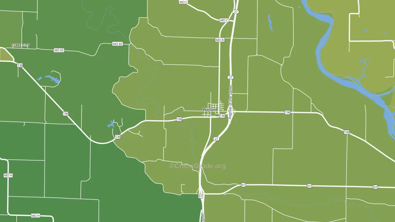 Wayland, MO Map of Vehicle Theft Rates