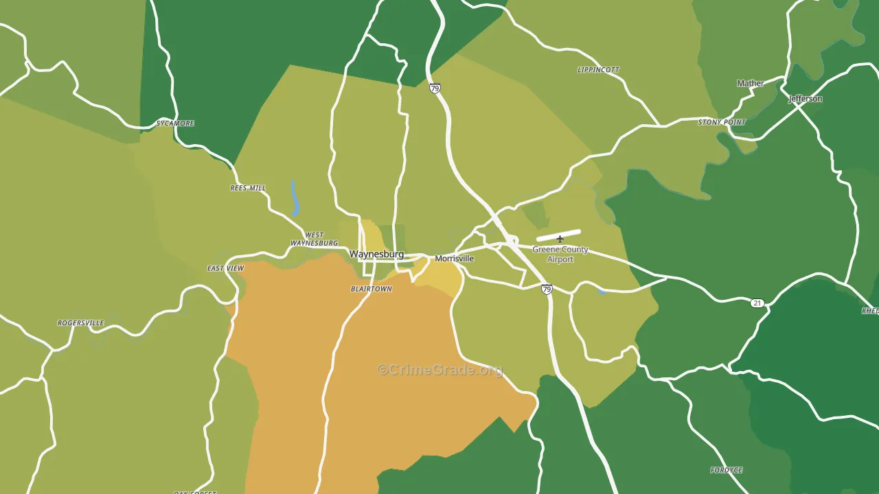 Waynesburg, PA Map of Vehicle Theft Rates