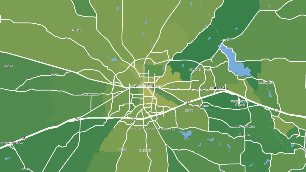Weatherford, TX Map of Vehicle Theft Rates