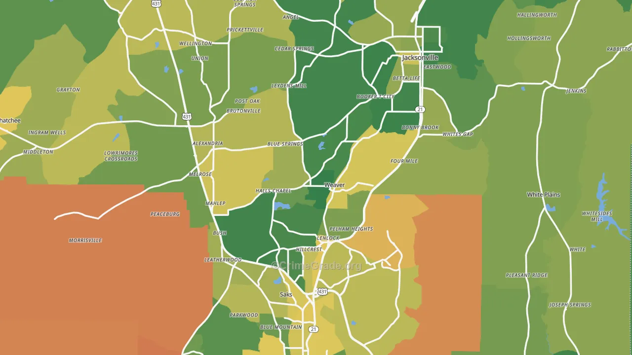 Weaver, AL Map of Vehicle Theft Rates