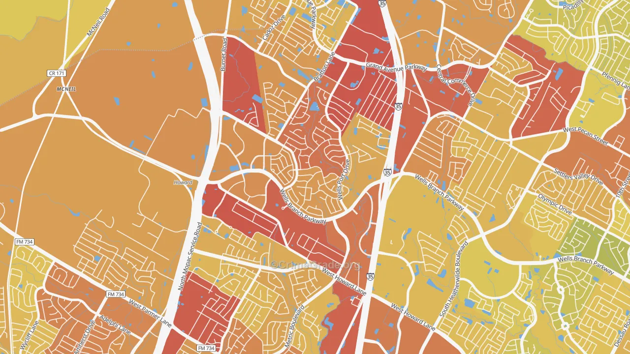 Wells Branch, TX Map of Vehicle Theft Rates