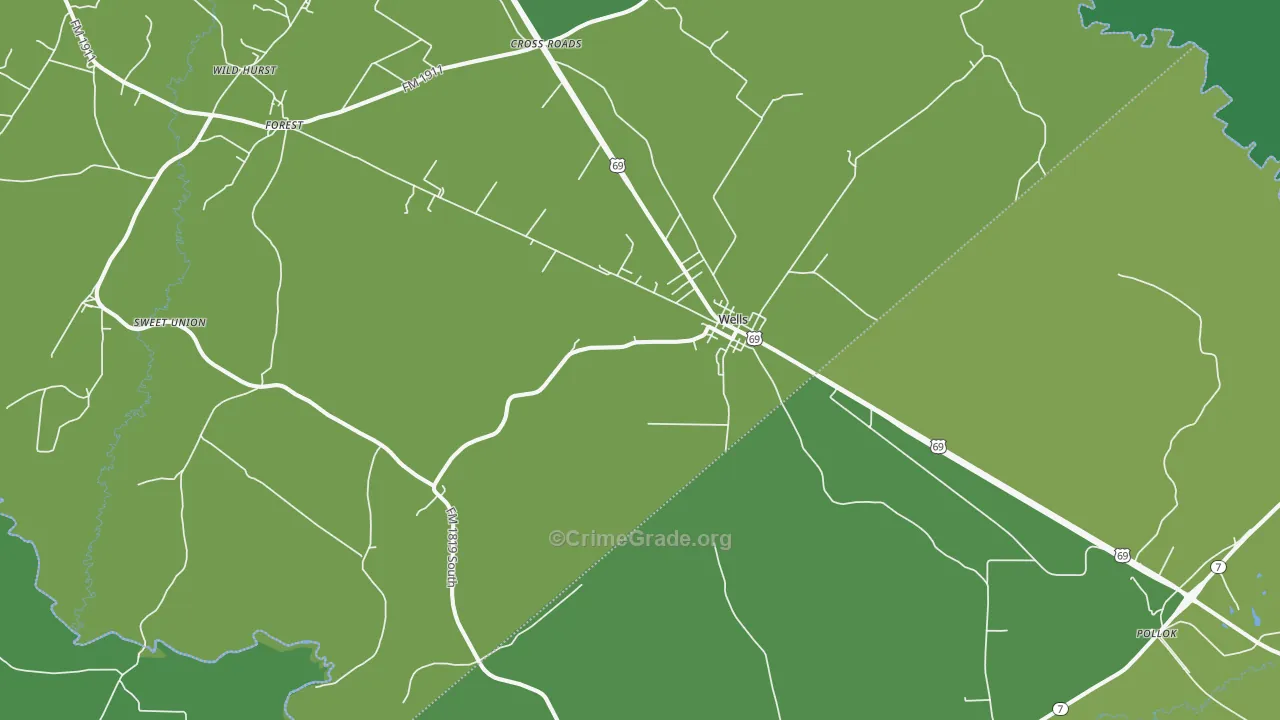 Wells, TX Map of Vehicle Theft Rates