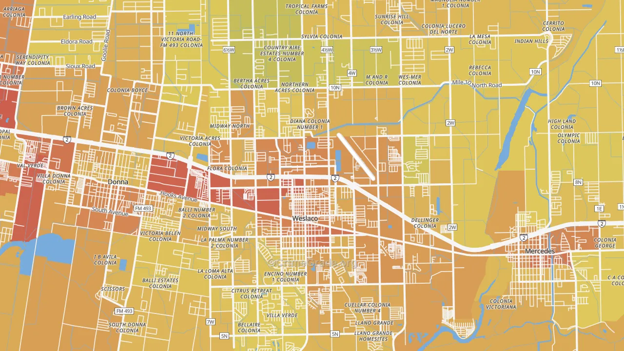 Weslaco, TX Map of Vehicle Theft Rates