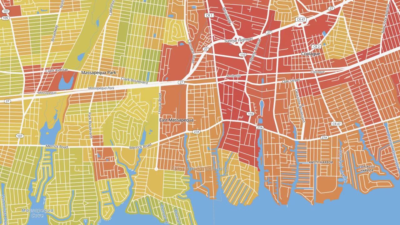 West Amityville, East Massapequa, NY Map of Vehicle Theft Rates