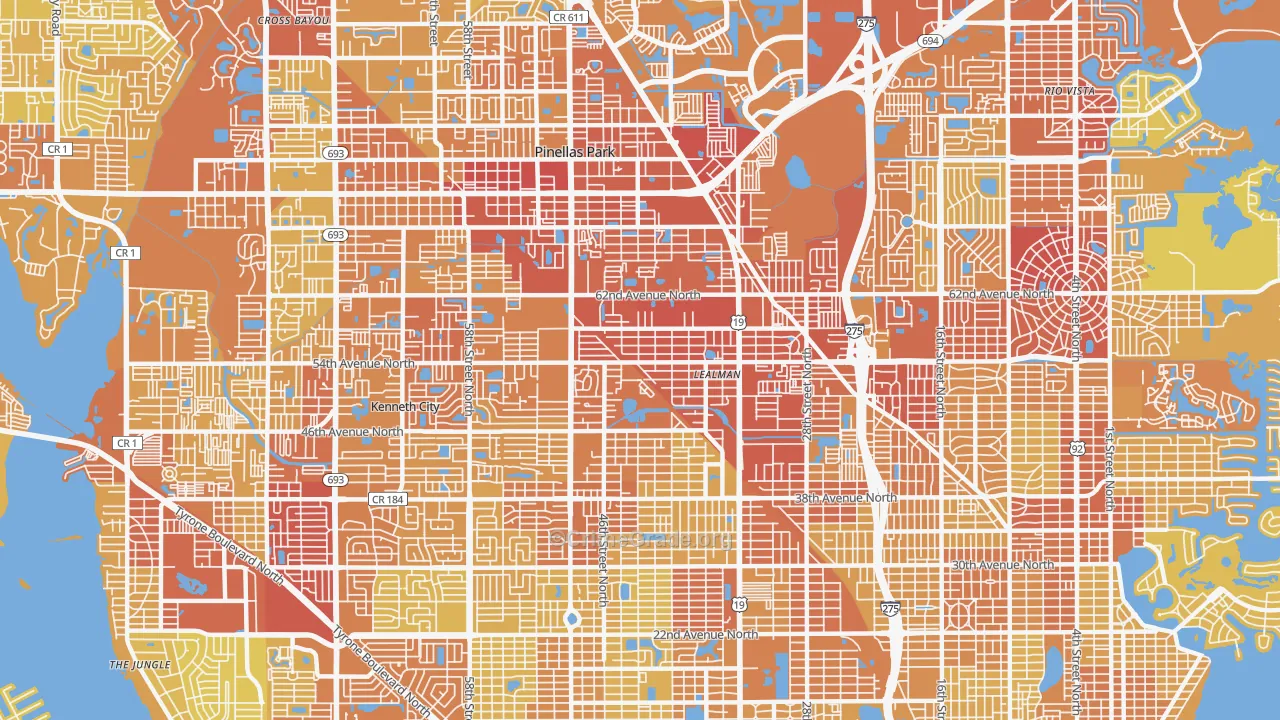 West and East Lealman, Lealman, FL Map of Vehicle Theft Rates