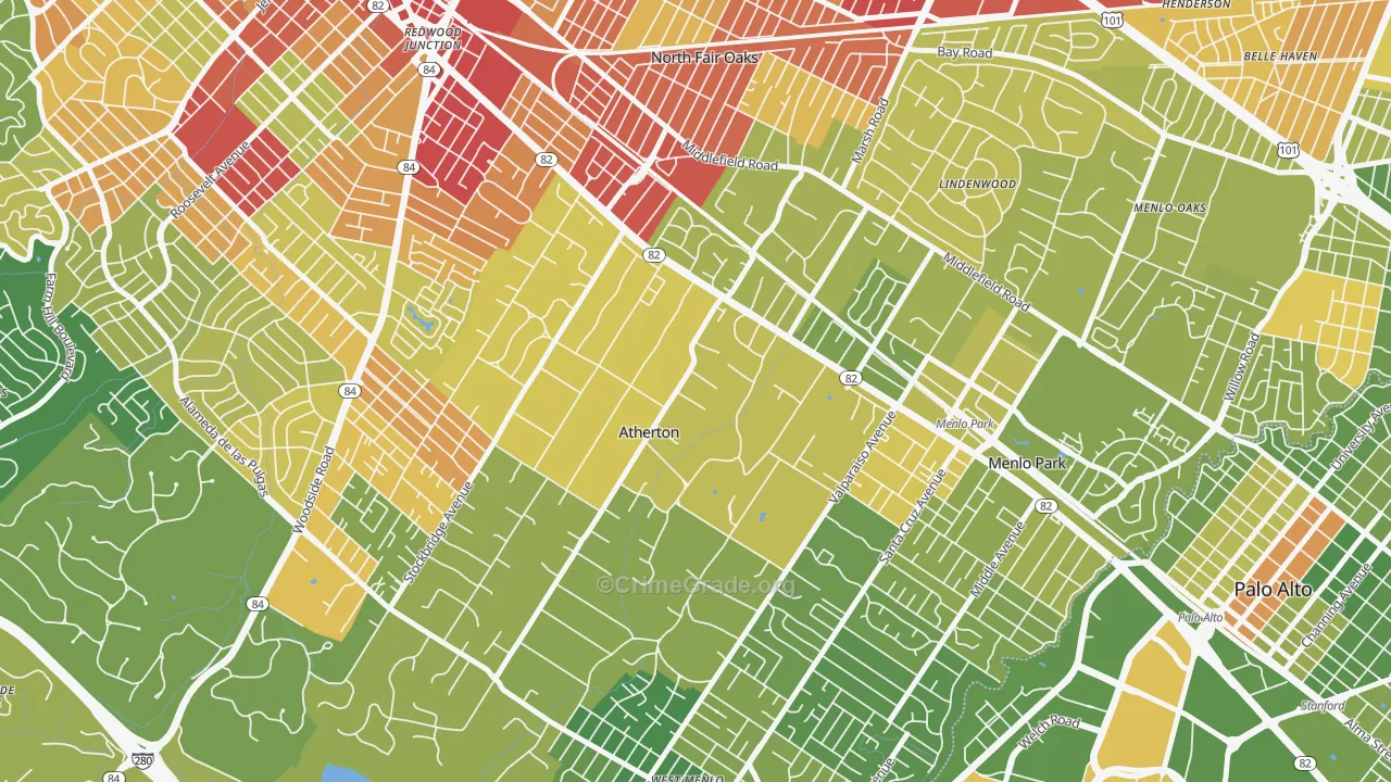 West Atherton, Atherton, CA Map of Vehicle Theft Rates