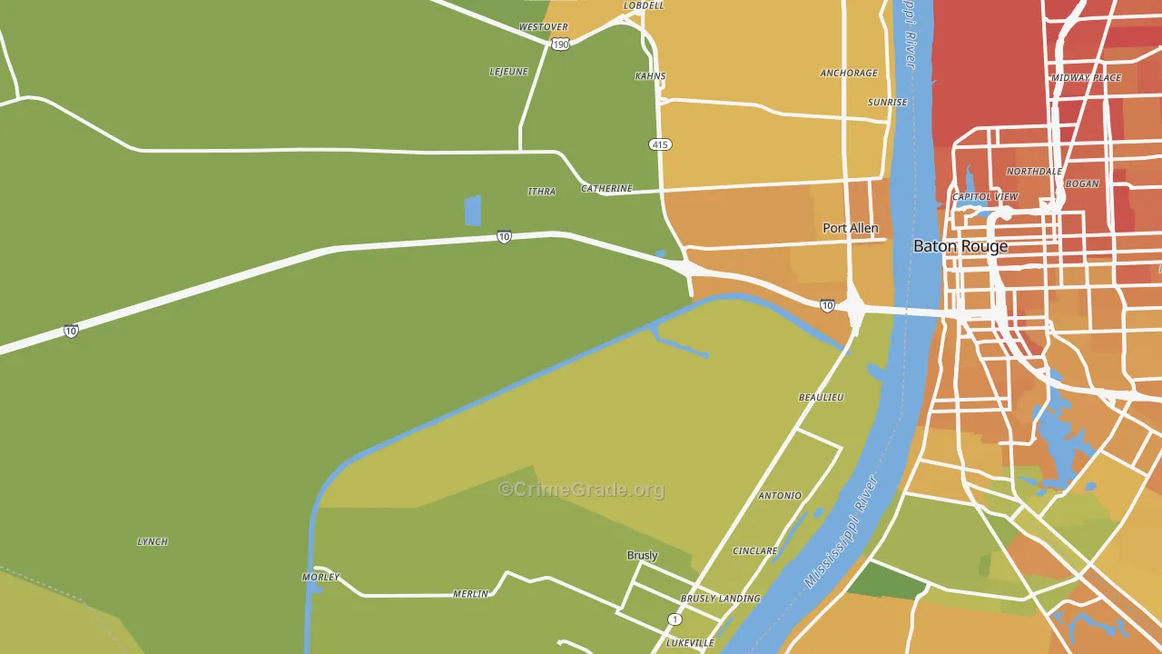 West Baton Rouge Parish, LA Map of Vehicle Theft Rates