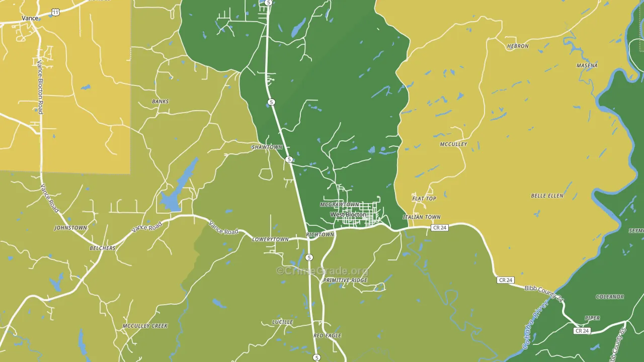 West Blocton, AL Map of Vehicle Theft Rates