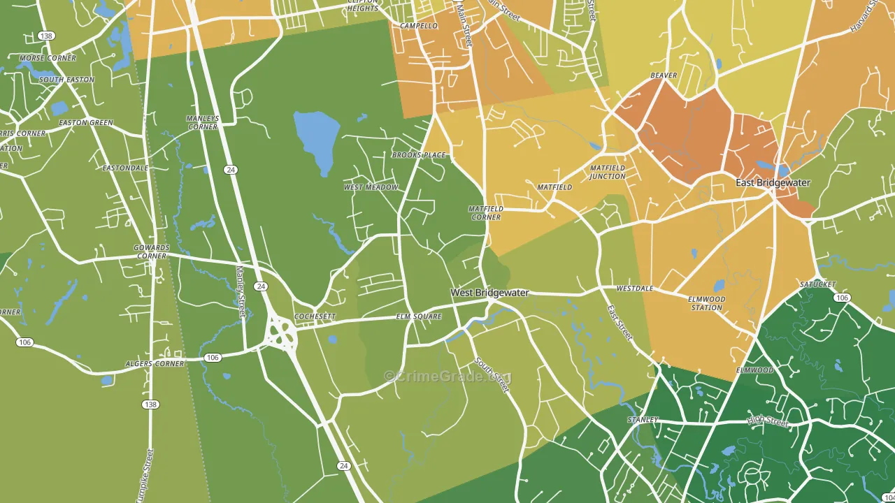 West Bridgewater, MA Map of Vehicle Theft Rates