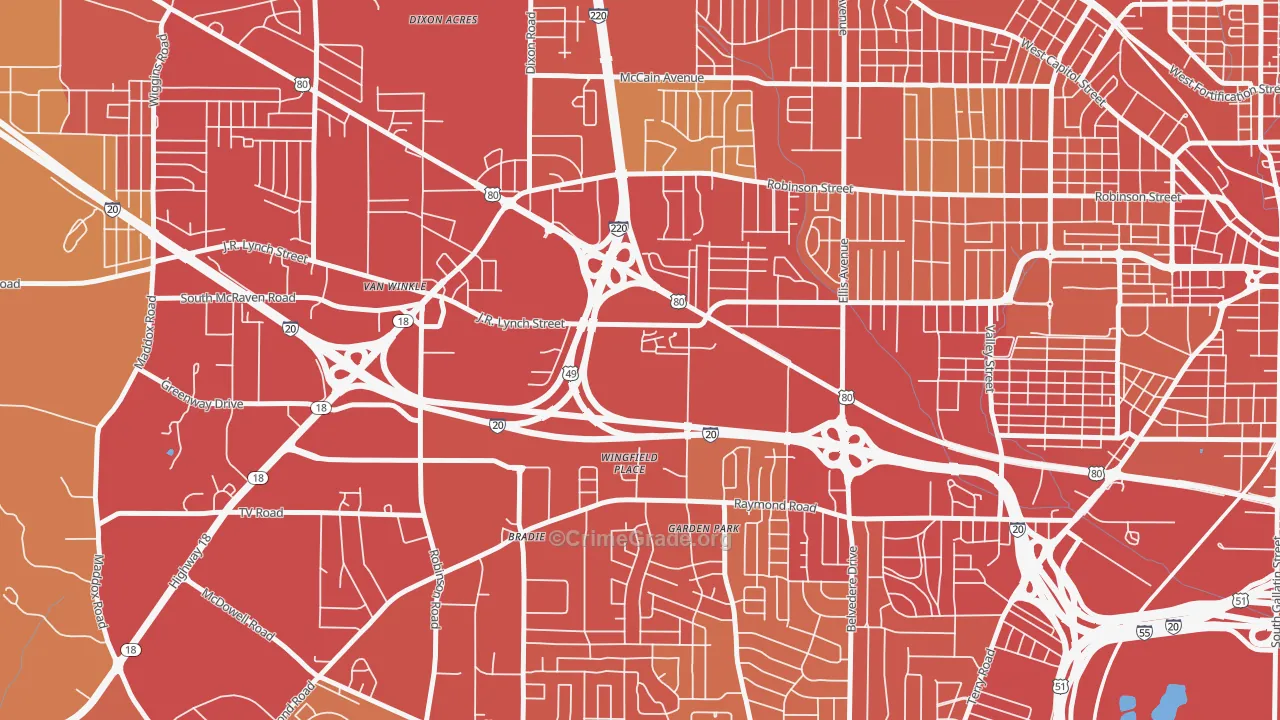 West Central Jackson, Jackson, MS Map of Vehicle Theft Rates