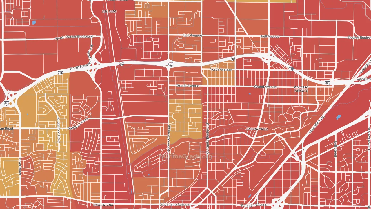 West del Paso Heights, Sacramento, CA Map of Vehicle Theft Rates
