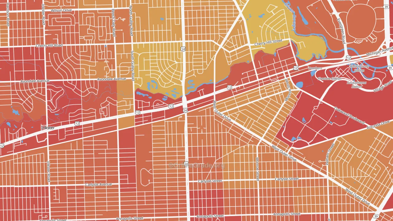 West Downtown Dearborn, Dearborn, MI Map of Vehicle Theft Rates