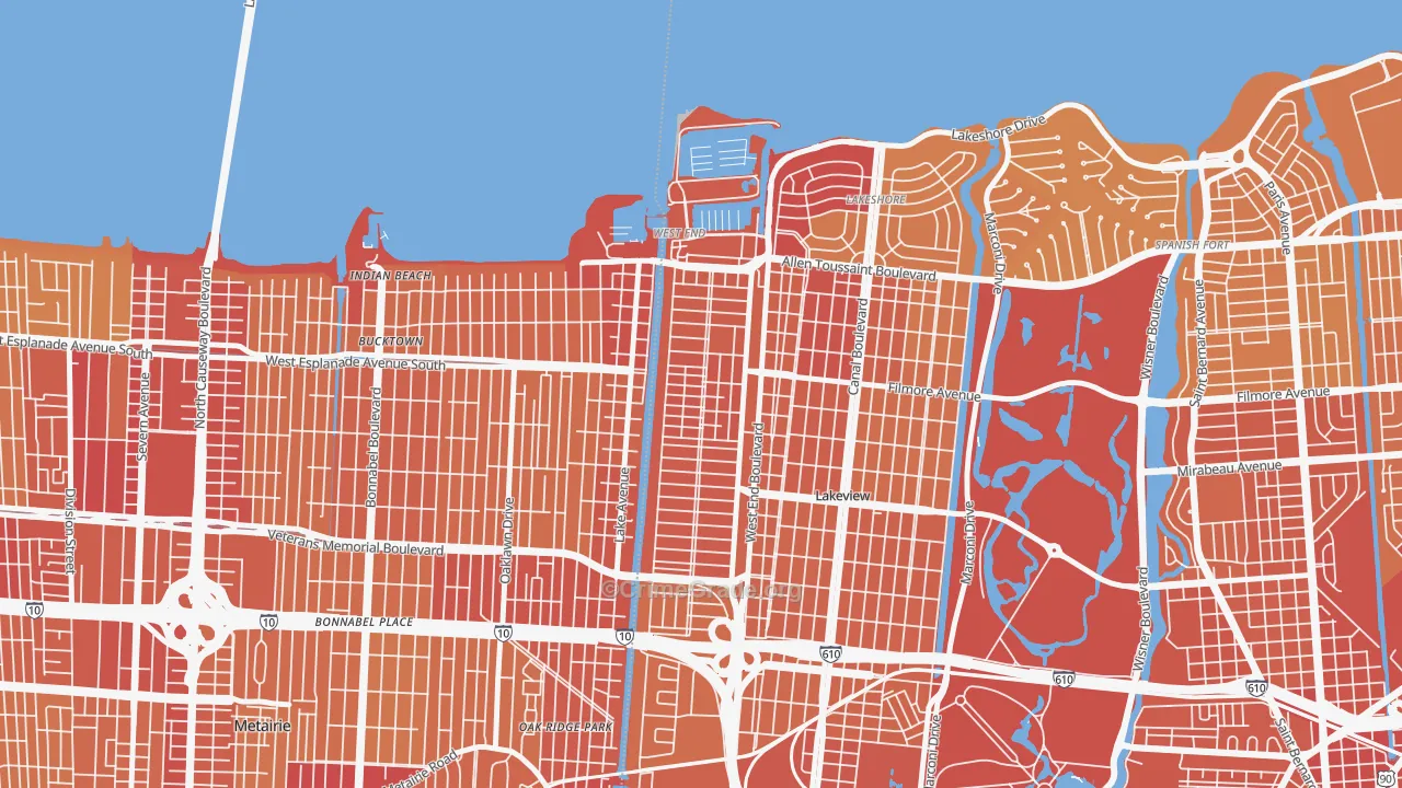 West End, New Orleans, LA Map of Vehicle Theft Rates