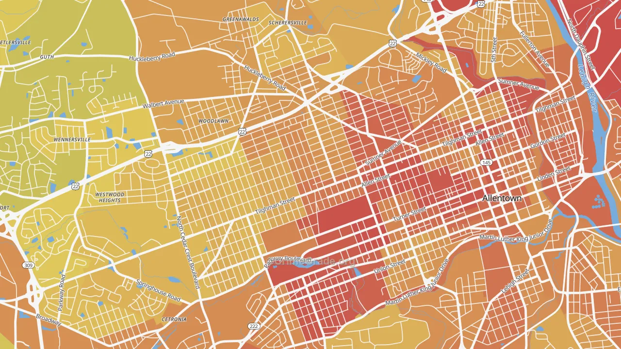 West End Theatre District, Allentown, PA Map of Vehicle Theft Rates