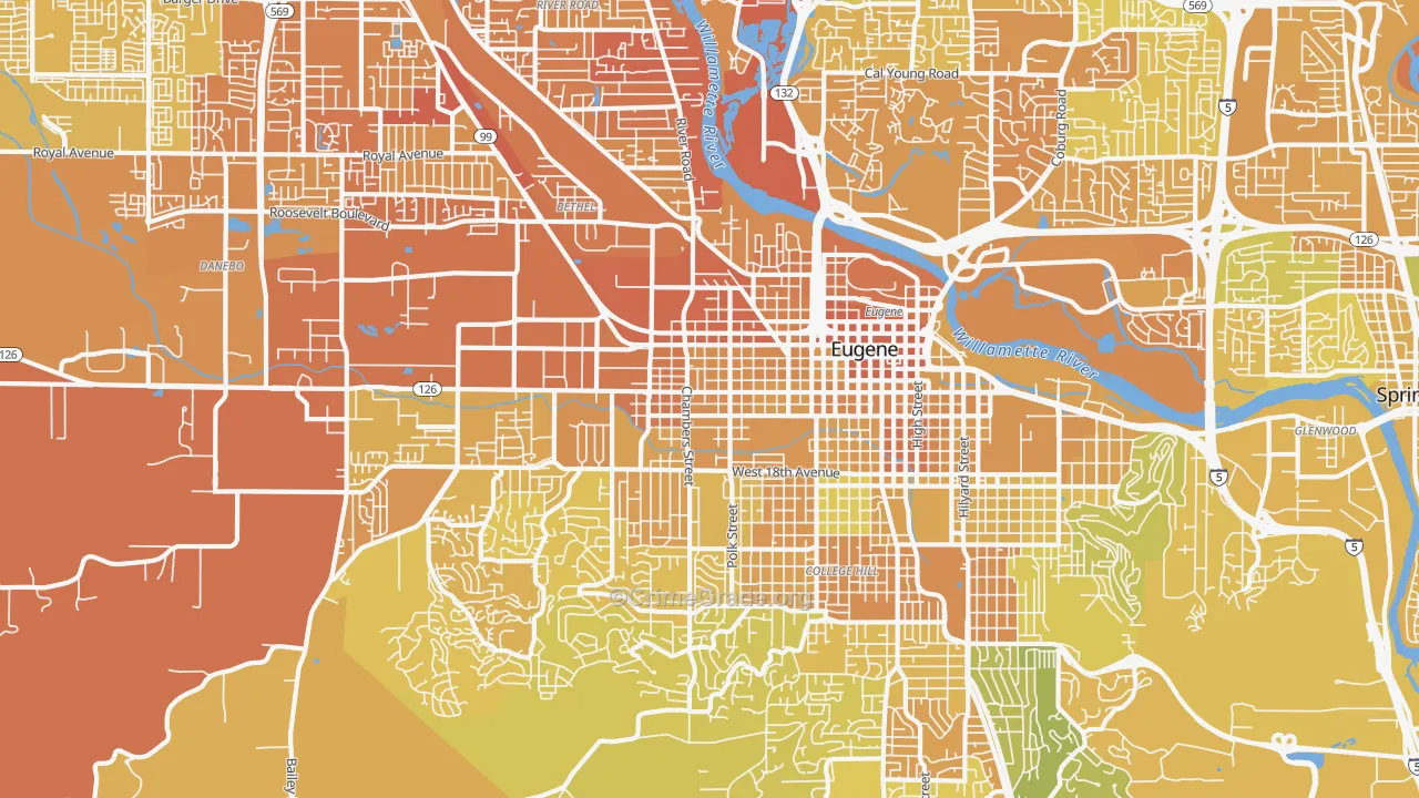 West Eugene, Eugene, OR Map of Vehicle Theft Rates