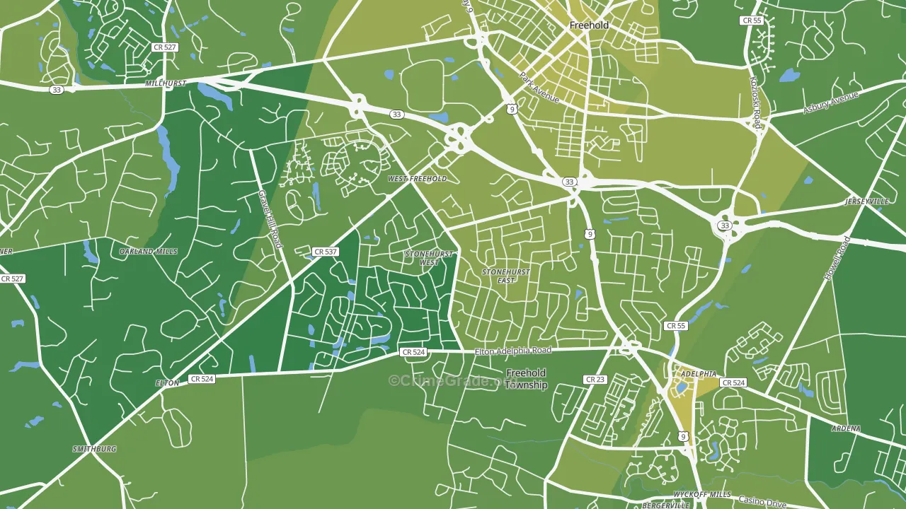 West Freehold, NJ Map of Vehicle Theft Rates