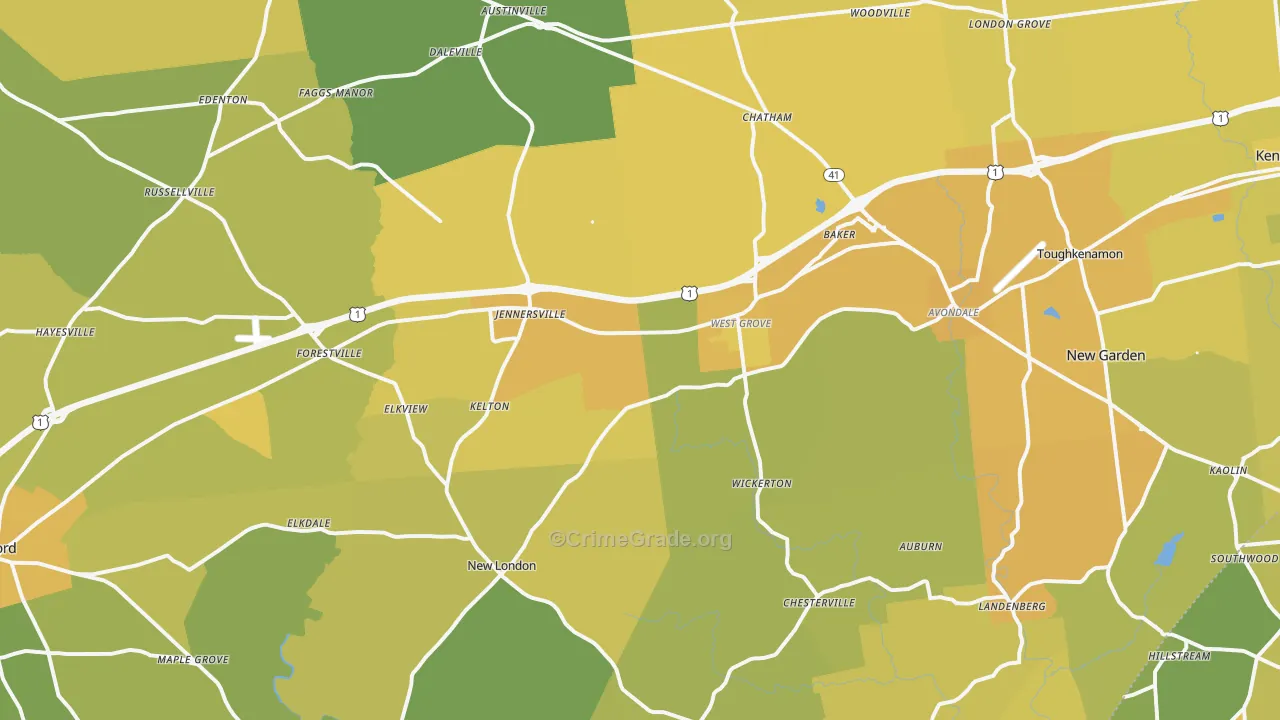 West Grove, PA Map of Vehicle Theft Rates