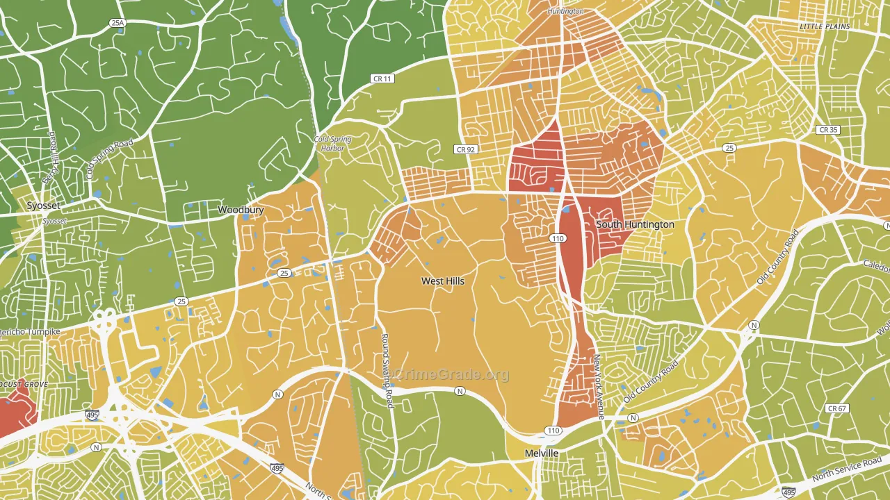 West Hills, Huntington, NY Map of Vehicle Theft Rates