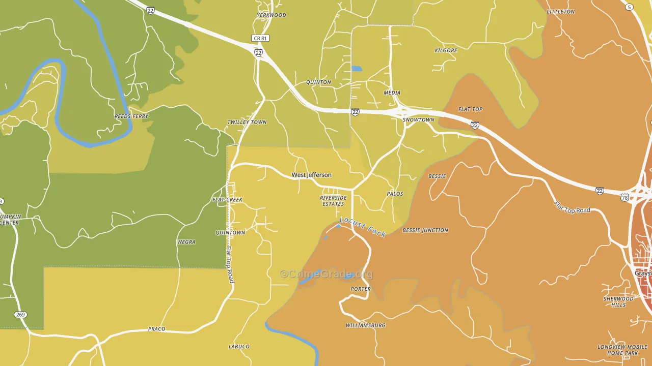 West Jefferson, AL Map of Vehicle Theft Rates