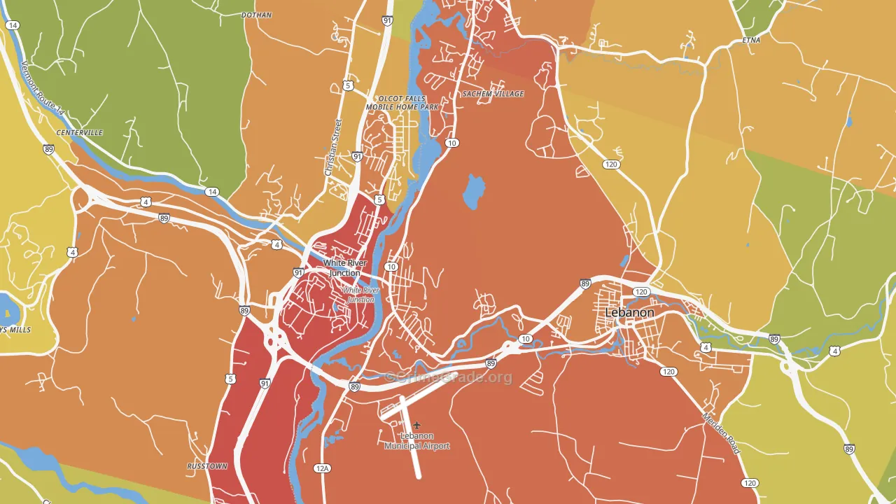West Lebanon, NH Map of Vehicle Theft Rates