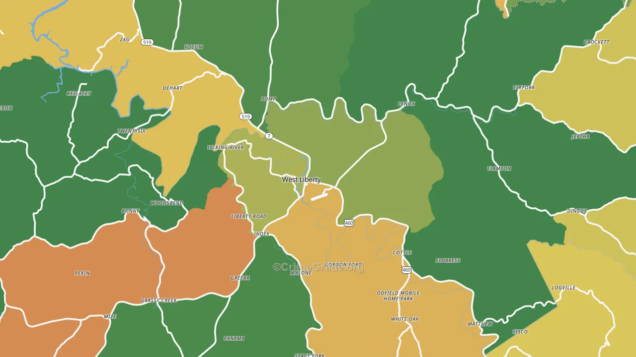 West Liberty, KY Map of Vehicle Theft Rates