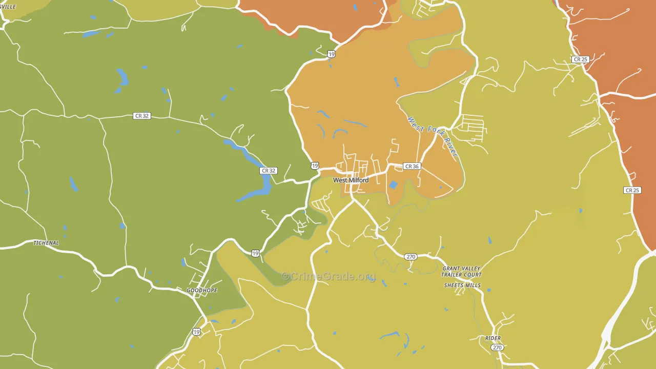 West Milford, WV Map of Vehicle Theft Rates