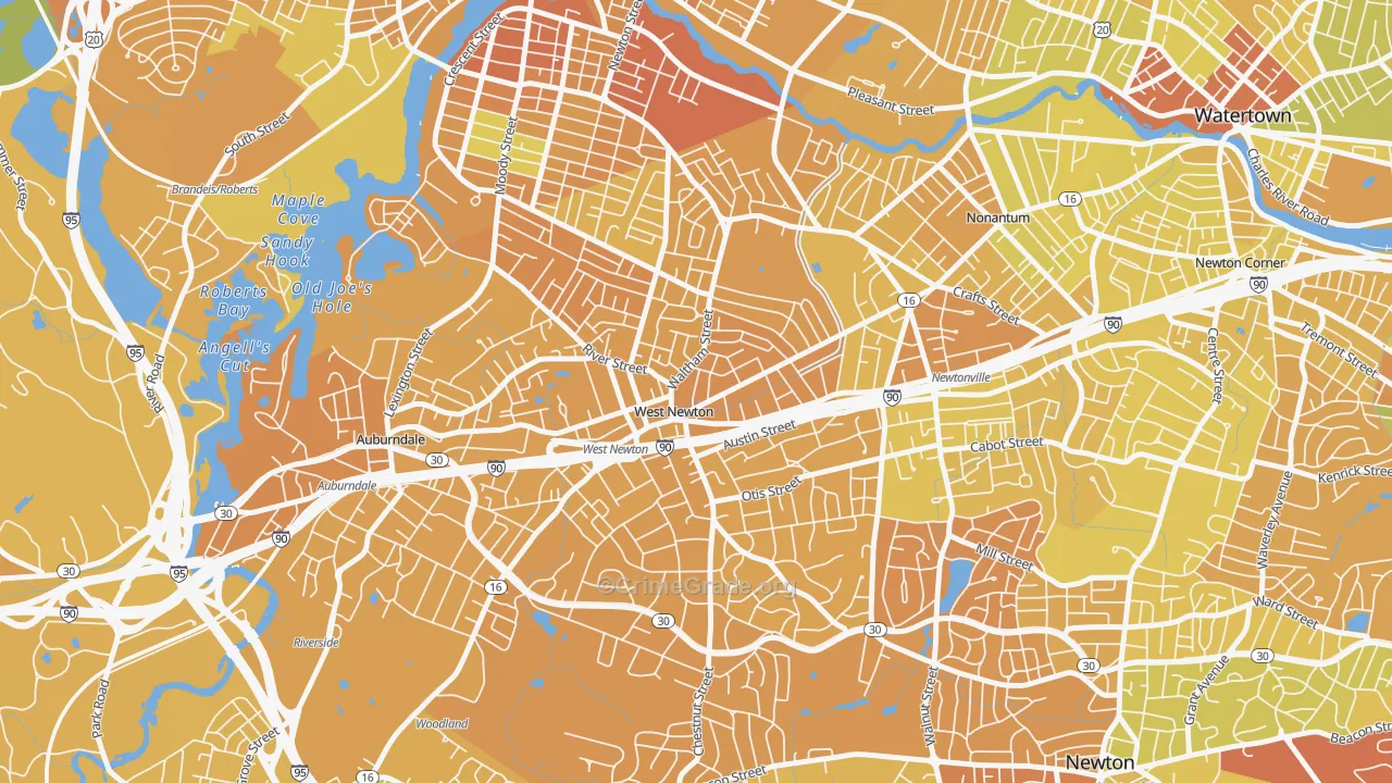 West Newton, Newton, MA Map of Vehicle Theft Rates