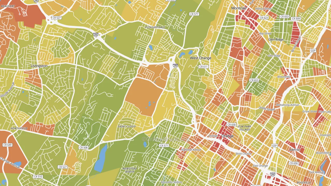West Orange, NJ Map of Vehicle Theft Rates