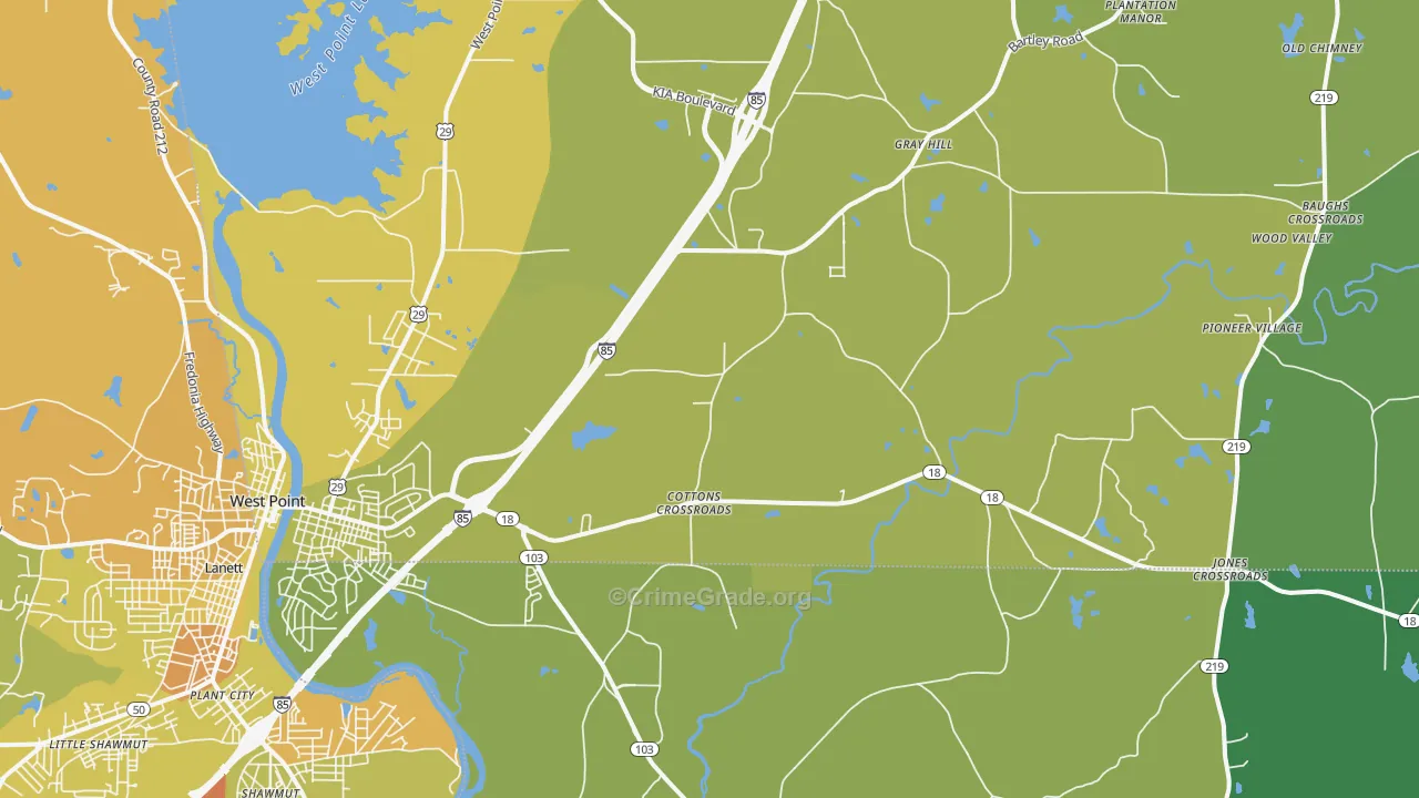 West Point, GA Map of Vehicle Theft Rates