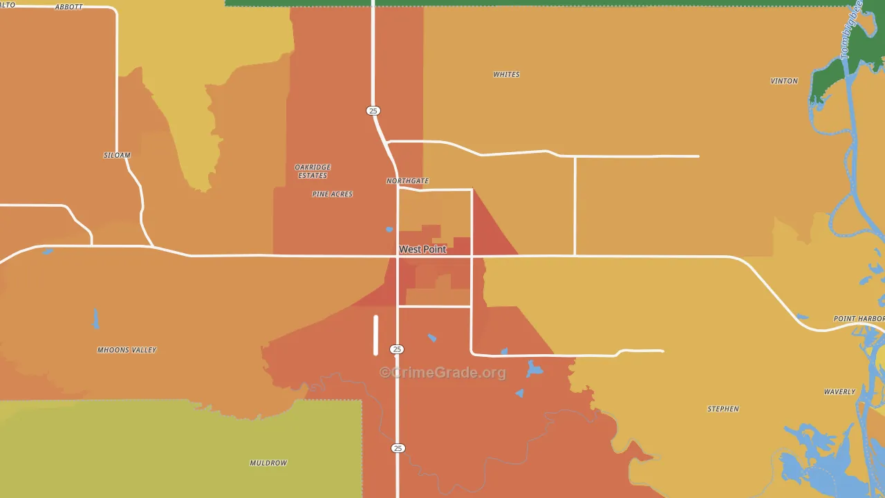 West Point, MS Map of Vehicle Theft Rates