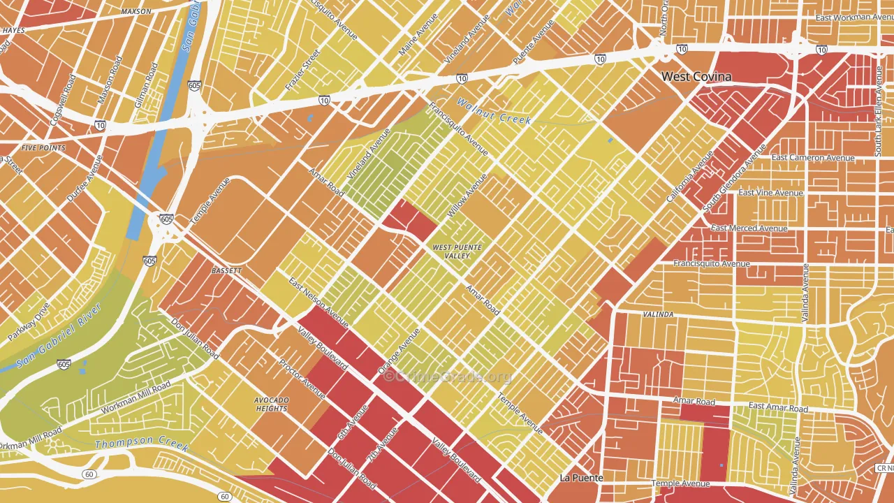 West Puente Valley, CA Map of Vehicle Theft Rates