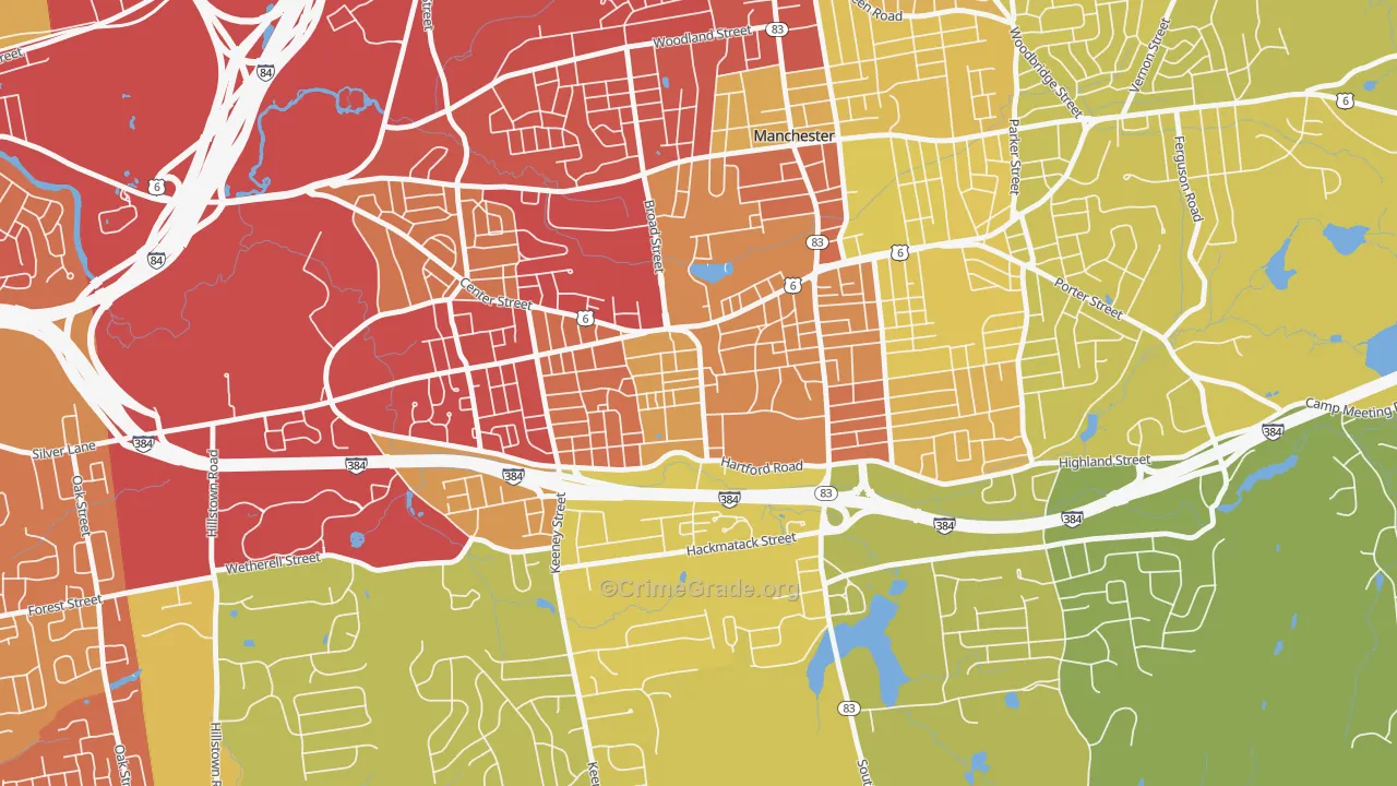 West Side Hartford, Manchester, CT Map of Vehicle Theft Rates