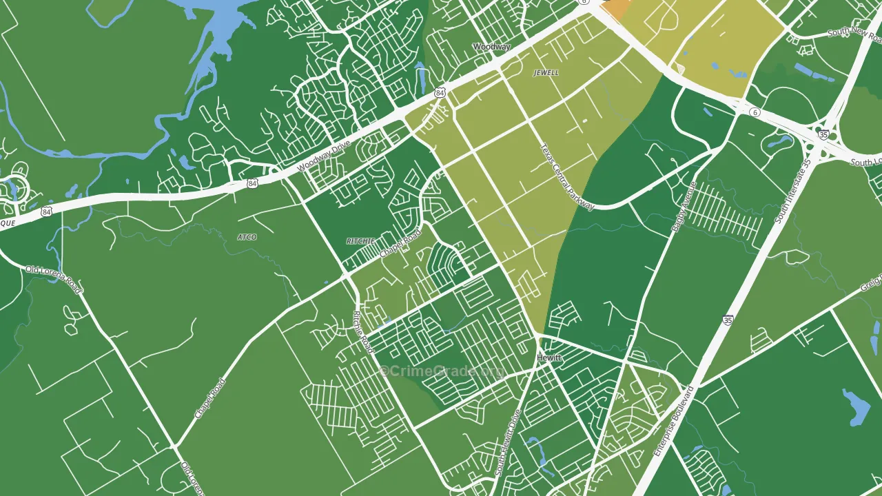 West Waco, Woodway, TX Map of Vehicle Theft Rates
