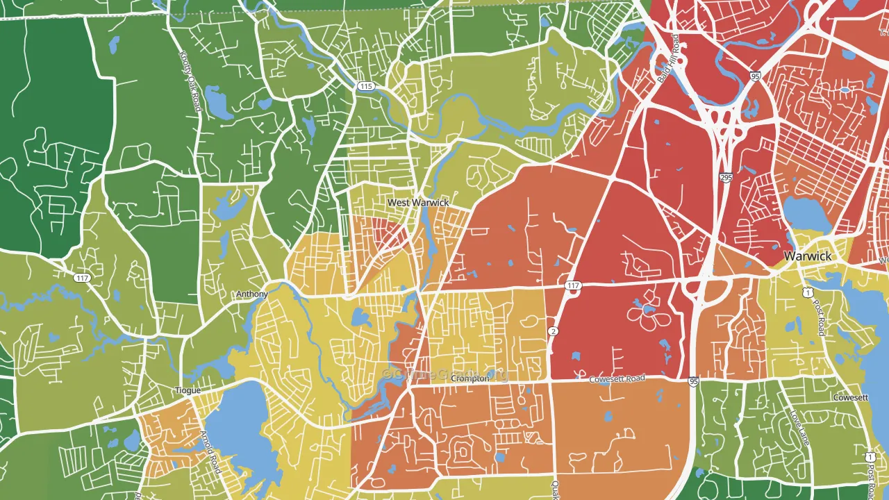 West Warwick, RI Map of Vehicle Theft Rates
