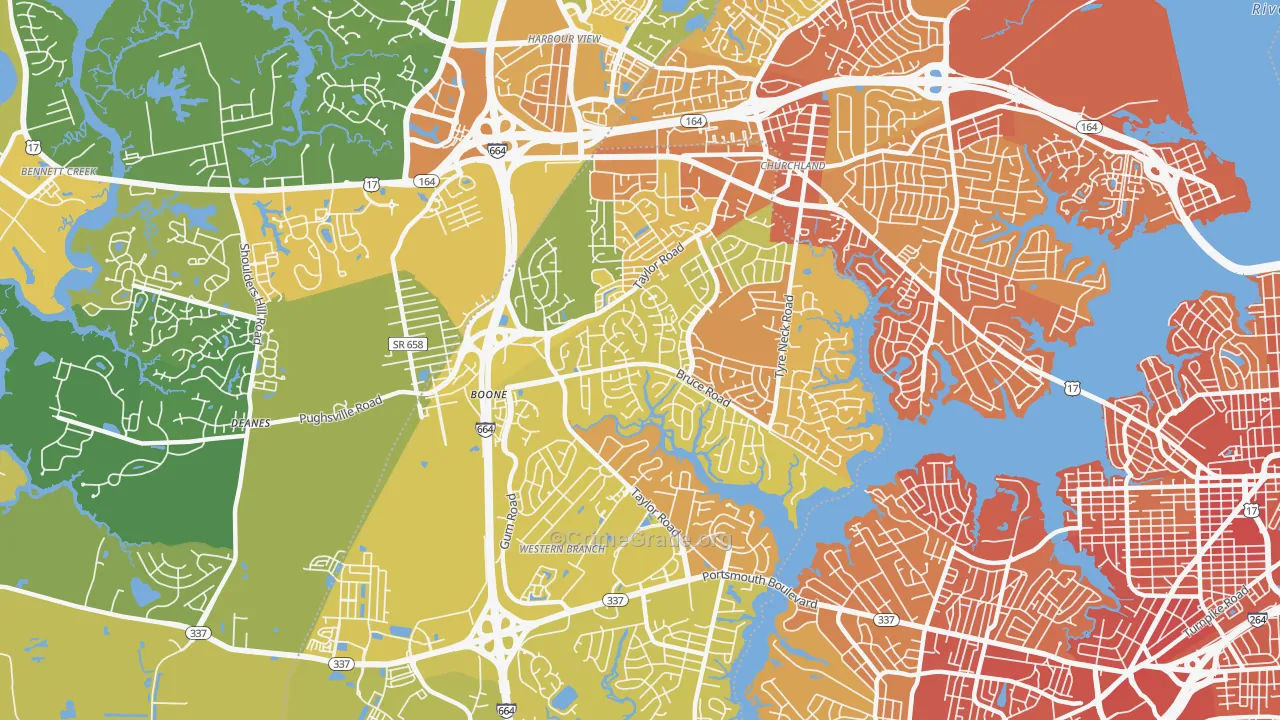 Western Branch North, Chesapeake, VA Map of Vehicle Theft Rates