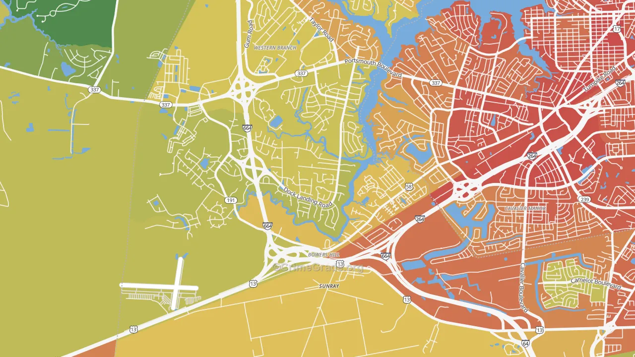 Western Branch South, Chesapeake, VA Map of Vehicle Theft Rates