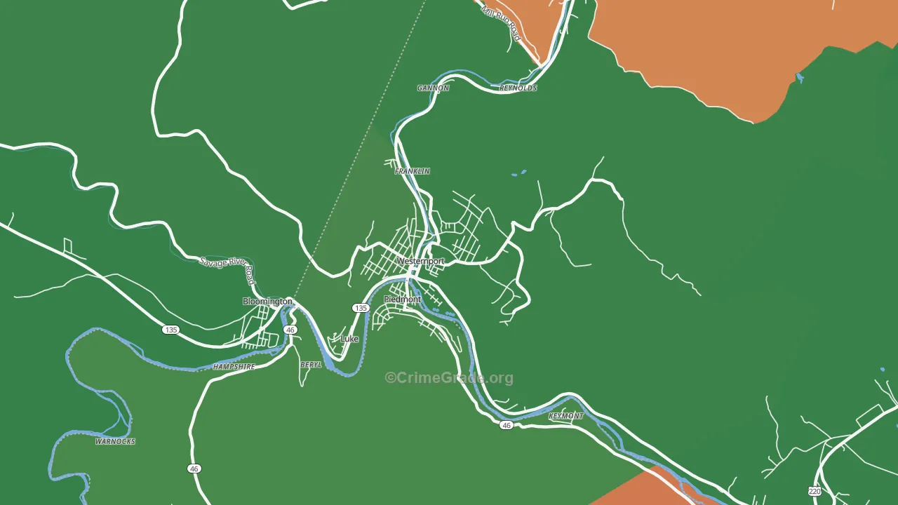 Westernport, MD Map of Vehicle Theft Rates