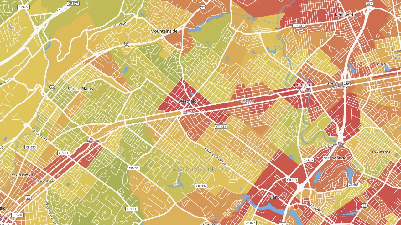 Westfield, NJ Map of Vehicle Theft Rates