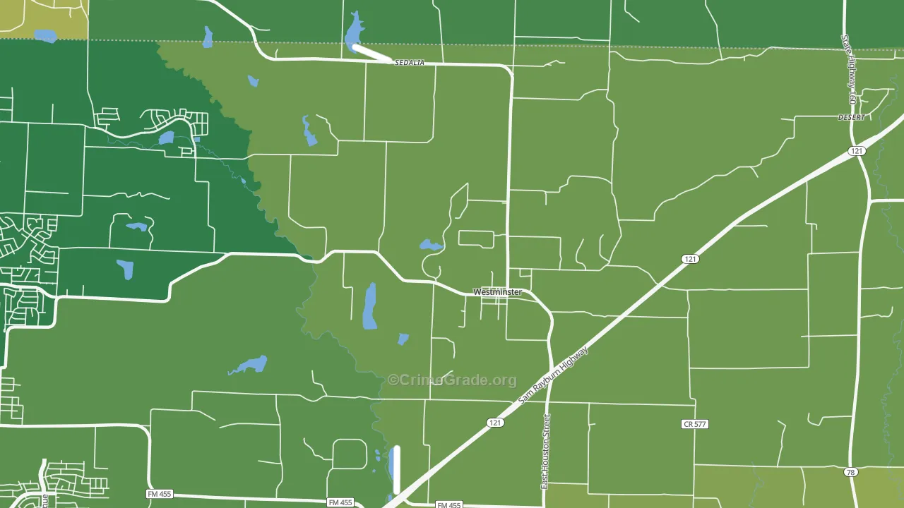 Westminster, TX Map of Vehicle Theft Rates