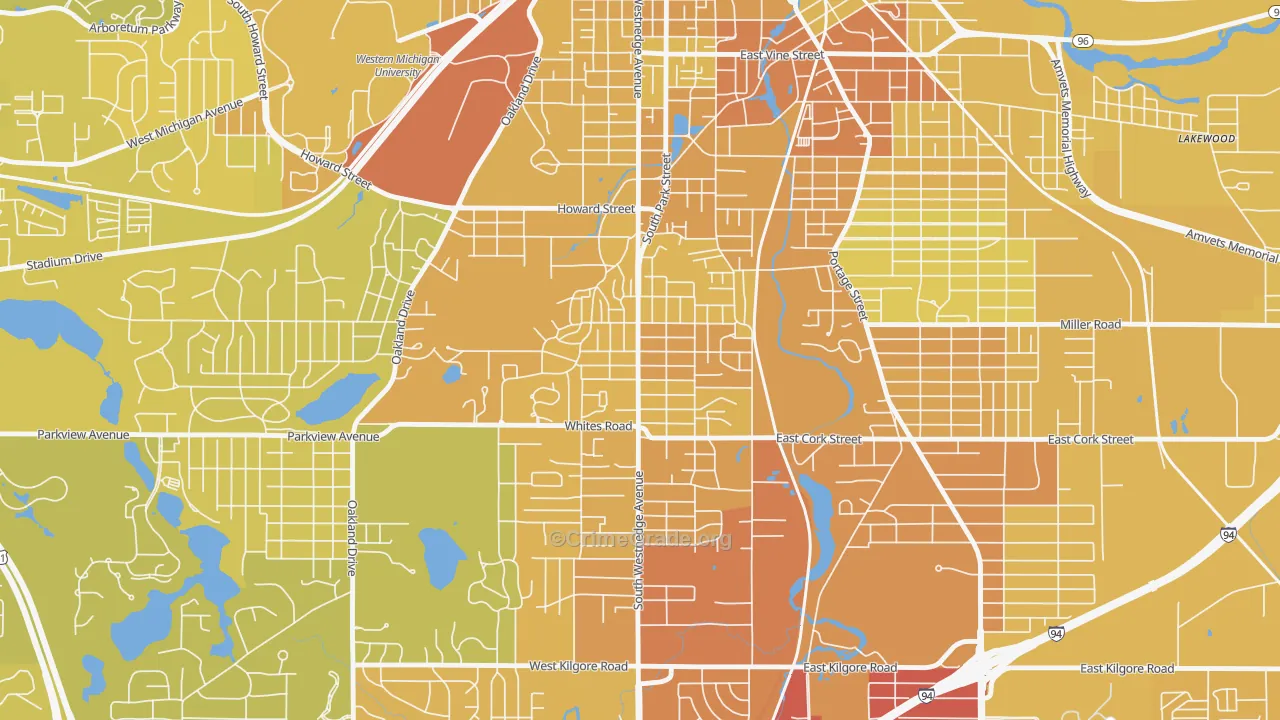 Westnedge Hill, Kalamazoo, MI Map of Vehicle Theft Rates