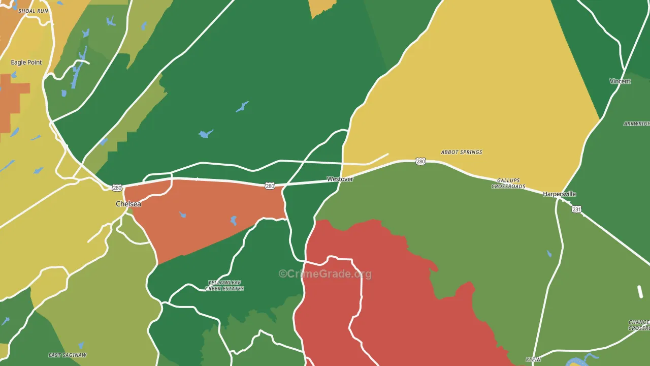 Westover, AL Map of Vehicle Theft Rates