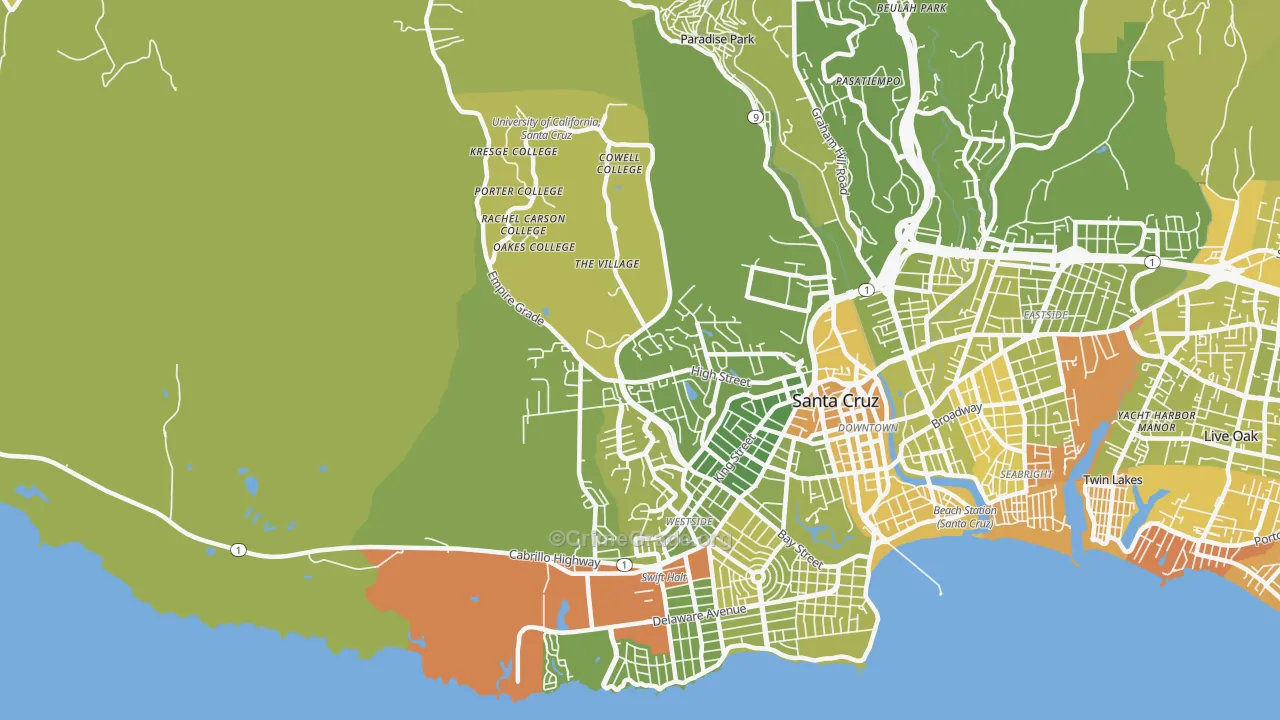 Westside, Santa Cruz, CA Map of Vehicle Theft Rates