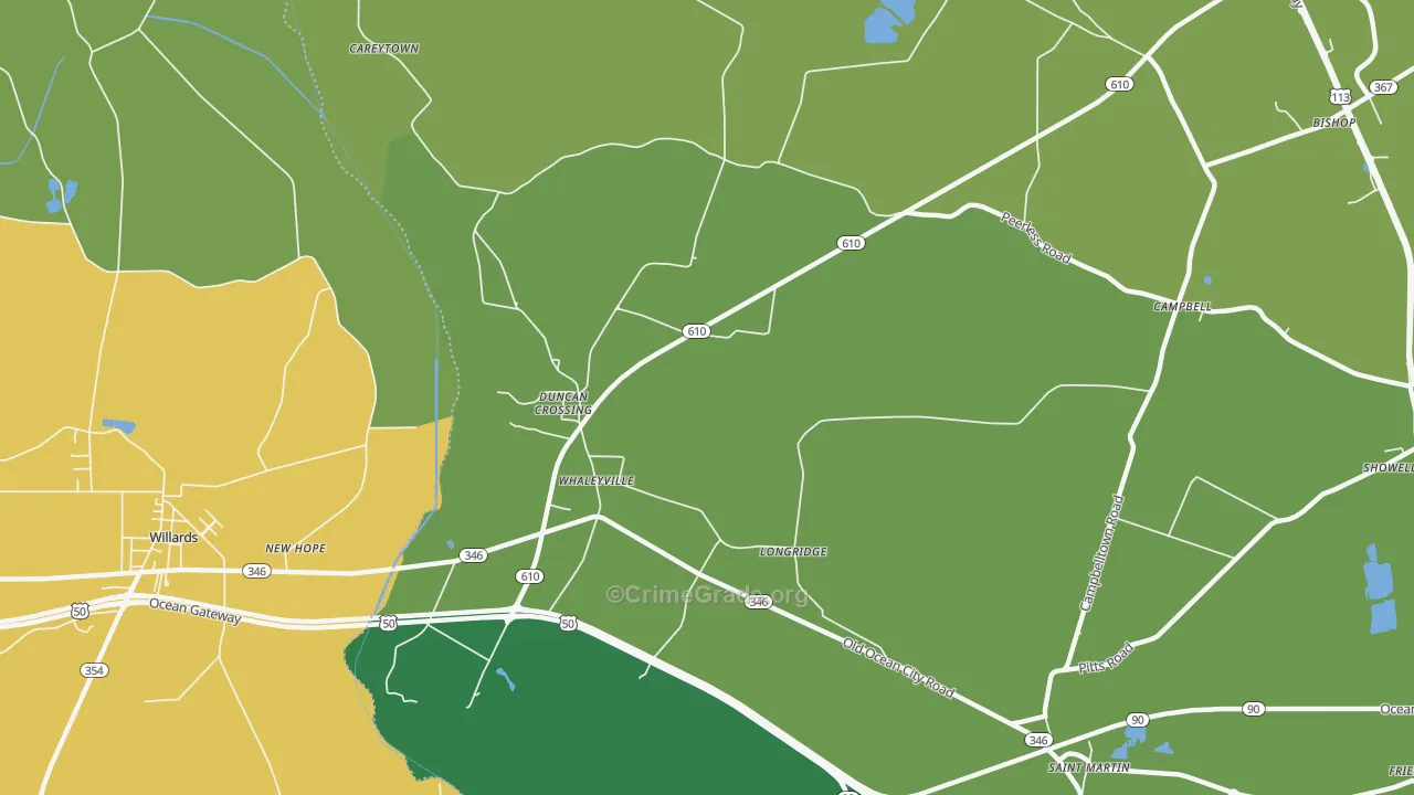 Whaleyville, MD Map of Vehicle Theft Rates
