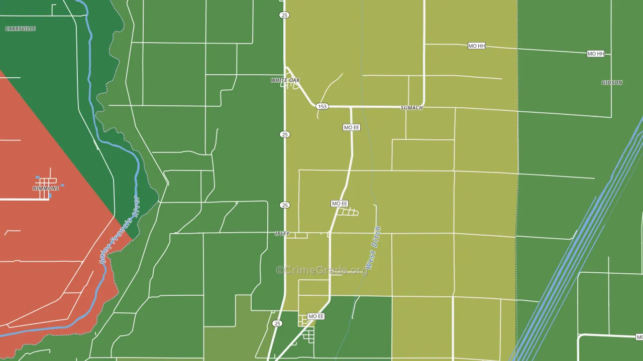 Whiteoak, MO Map of Vehicle Theft Rates