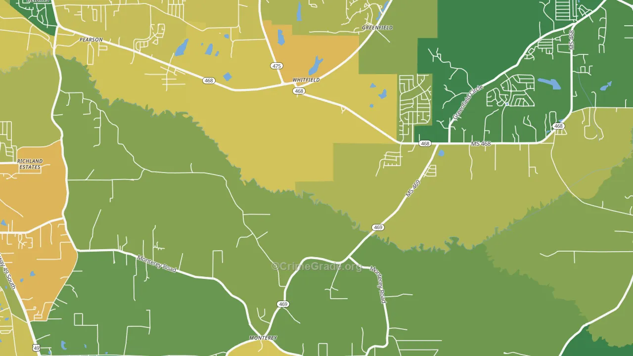 Whitfield, MS Map of Vehicle Theft Rates