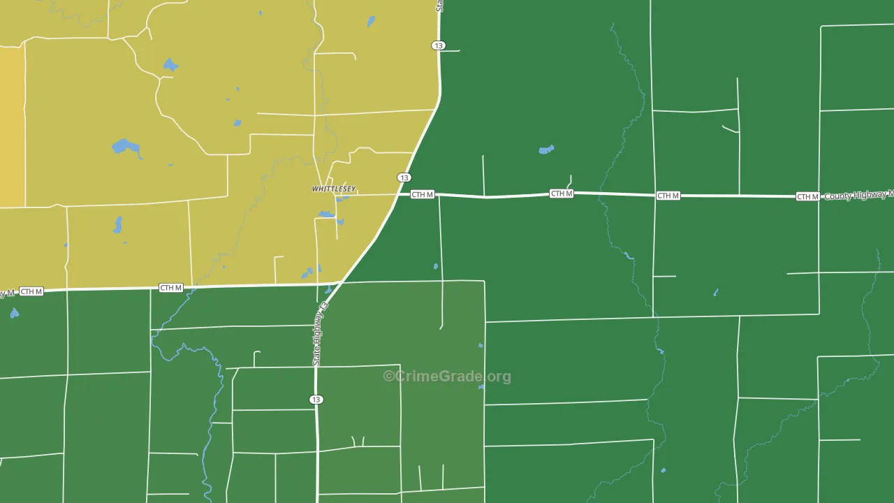 Whittlesey, WI Map of Vehicle Theft Rates
