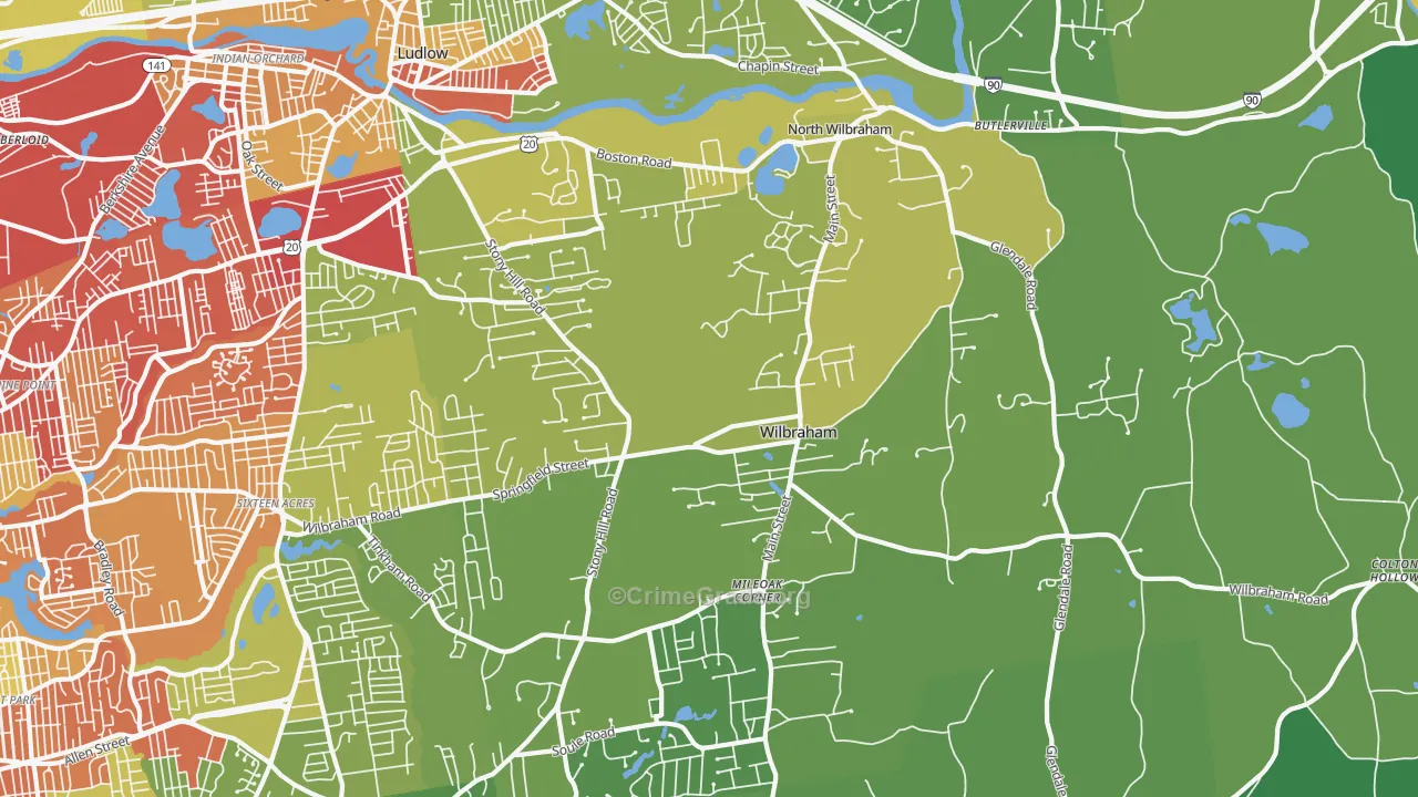 Wilbraham, MA Map of Vehicle Theft Rates