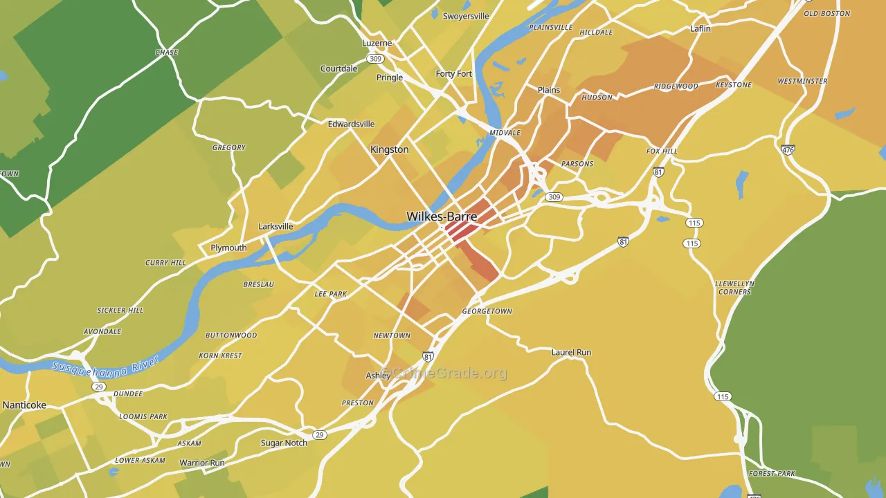 Wilkes-Barre, PA Map of Vehicle Theft Rates