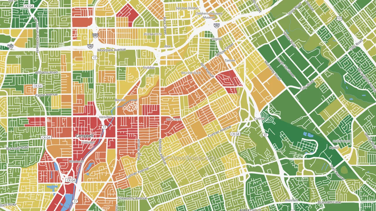 Willow Glen, San Jose, CA Map of Vehicle Theft Rates